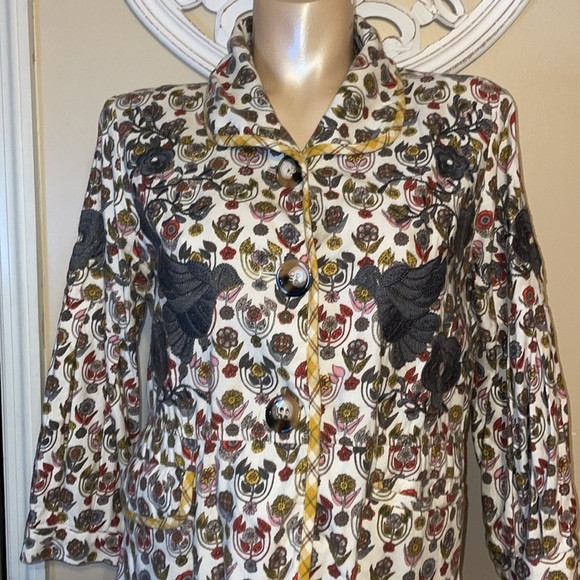 Ivy Jane women’s small tunic top jacket floral embroider plaid white red birds - Picture 3 of 11